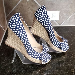 Tory Burch Blue and White Espadrille Wedges